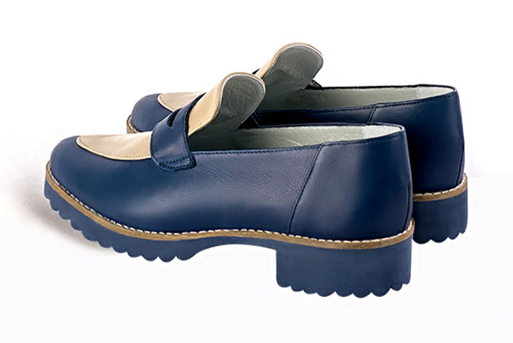 Navy blue and champagne beige women's casual loafers. Round toe. Flat rubber soles. Rear view - Florence KOOIJMAN